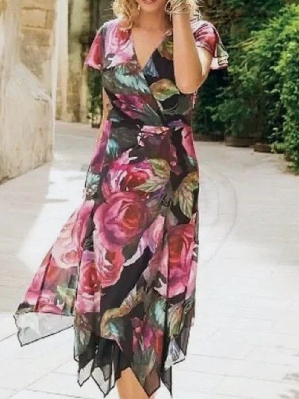 Soft Surroundings Allegra Rose Floral Handkerchief Midi Dress size Medium